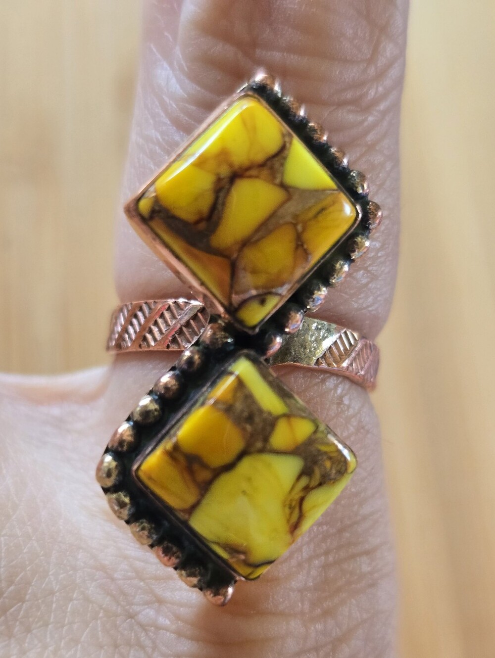Honey Dahlia Turquoise Double Stone Bypass Copper Ring, Southwestern